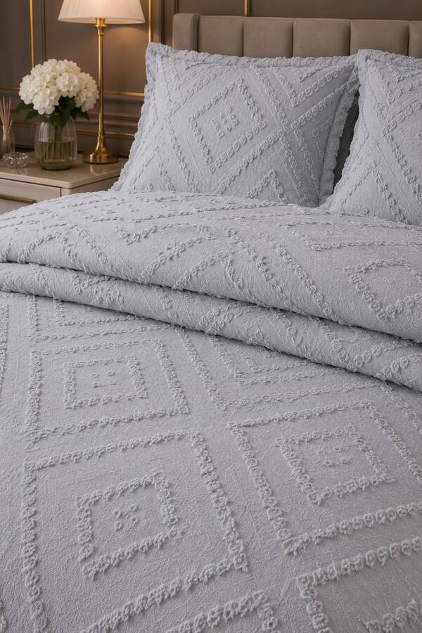Lüks Çift Kişilik Pike Takımı Gri - 3