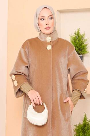 Lüks Gold Düğmeli Angora Kaban Camel - Thumbnail