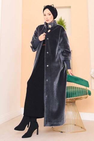 Lüks Gold Düğmeli Angora Kaban Füme - Thumbnail