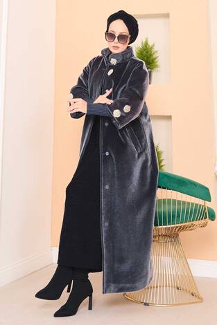 Lüks Gold Düğmeli Angora Kaban Füme