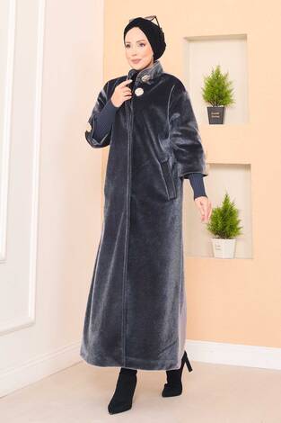 Lüks Gold Düğmeli Angora Kaban Füme - Thumbnail