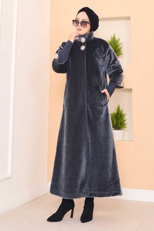 Lüks Gold Düğmeli Angora Kaban Füme - Thumbnail