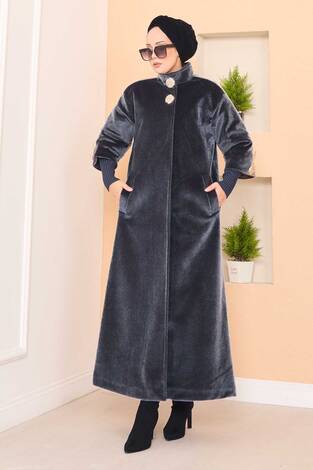 Lüks Gold Düğmeli Angora Kaban Füme - Thumbnail