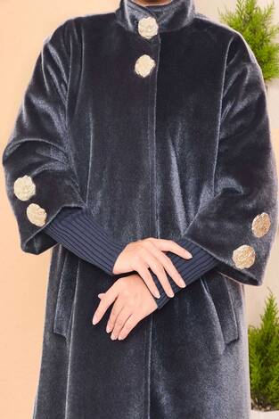 Lüks Gold Düğmeli Angora Kaban Füme - Thumbnail