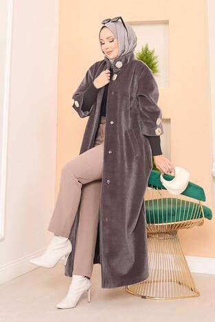 Lüks Gold Düğmeli Angora Kaban Koyu Vizon - Thumbnail