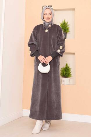 Lüks Gold Düğmeli Angora Kaban Koyu Vizon - Thumbnail