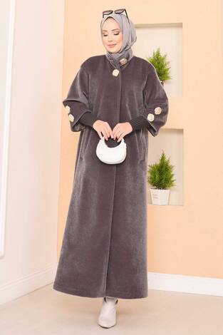 Lüks Gold Düğmeli Angora Kaban Koyu Vizon - Thumbnail