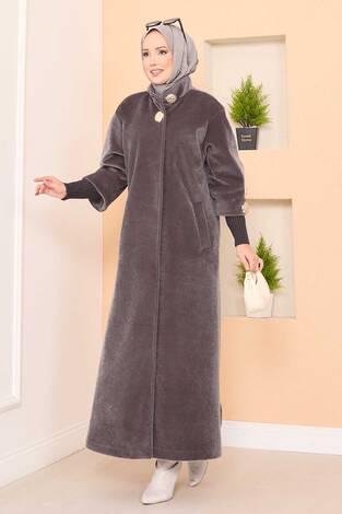 Lüks Gold Düğmeli Angora Kaban Koyu Vizon - Thumbnail