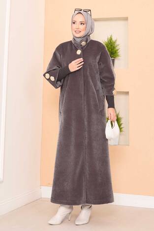 Lüks Gold Düğmeli Angora Kaban Koyu Vizon - Thumbnail