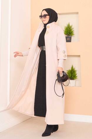 Lüks Gold Düğmeli Angora Kaban Krem