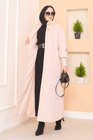 Lüks Gold Düğmeli Angora Kaban Krem - Thumbnail