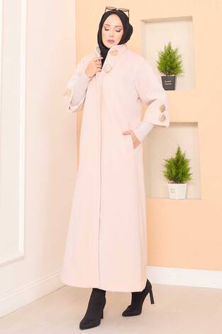 Lüks Gold Düğmeli Angora Kaban Krem - Thumbnail