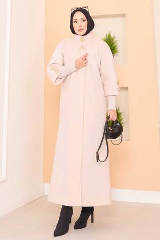 Lüks Gold Düğmeli Angora Kaban Krem - Thumbnail