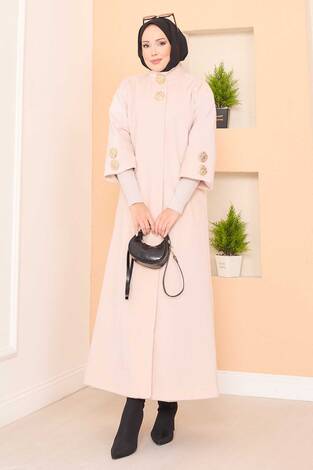 Lüks Gold Düğmeli Angora Kaban Krem - Thumbnail