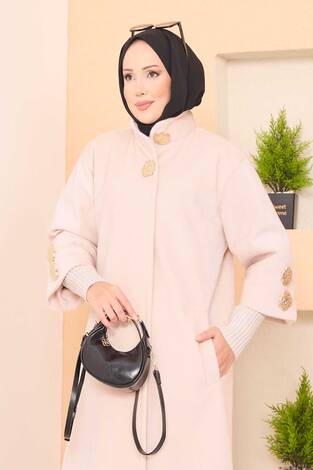 Lüks Gold Düğmeli Angora Kaban Krem - Thumbnail