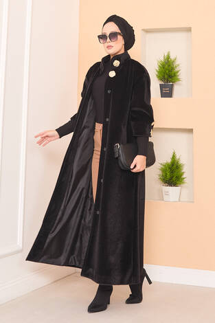 Lüks Gold Düğmeli Angora Kaban Siyah - Thumbnail