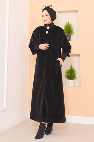 Lüks Gold Düğmeli Angora Kaban Siyah - Thumbnail