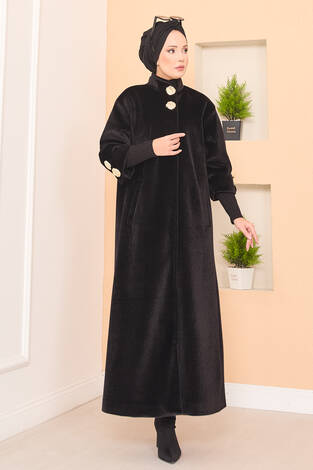 Lüks Gold Düğmeli Angora Kaban Siyah - Thumbnail