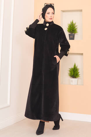 Lüks Gold Düğmeli Angora Kaban Siyah - Thumbnail