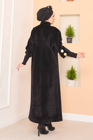 Lüks Gold Düğmeli Angora Kaban Siyah - Thumbnail