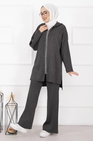 Lüks Taş Şeritli Simli Triko İkili Takım Antrasit - Thumbnail