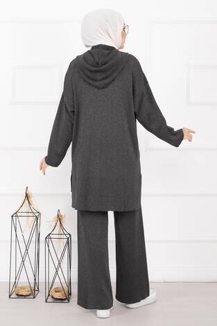 Lüks Taş Şeritli Simli Triko İkili Takım Antrasit - Thumbnail