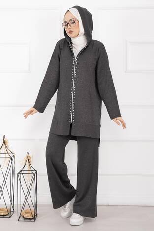 Lüks Taş Şeritli Simli Triko İkili Takım Antrasit - Thumbnail
