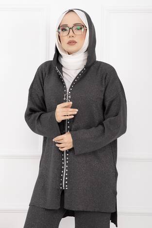 Lüks Taş Şeritli Simli Triko İkili Takım Antrasit - Thumbnail