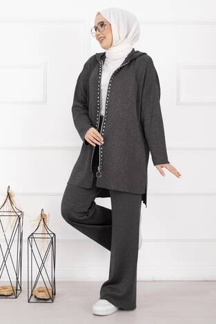 Lüks Taş Şeritli Simli Triko İkili Takım Antrasit - Thumbnail