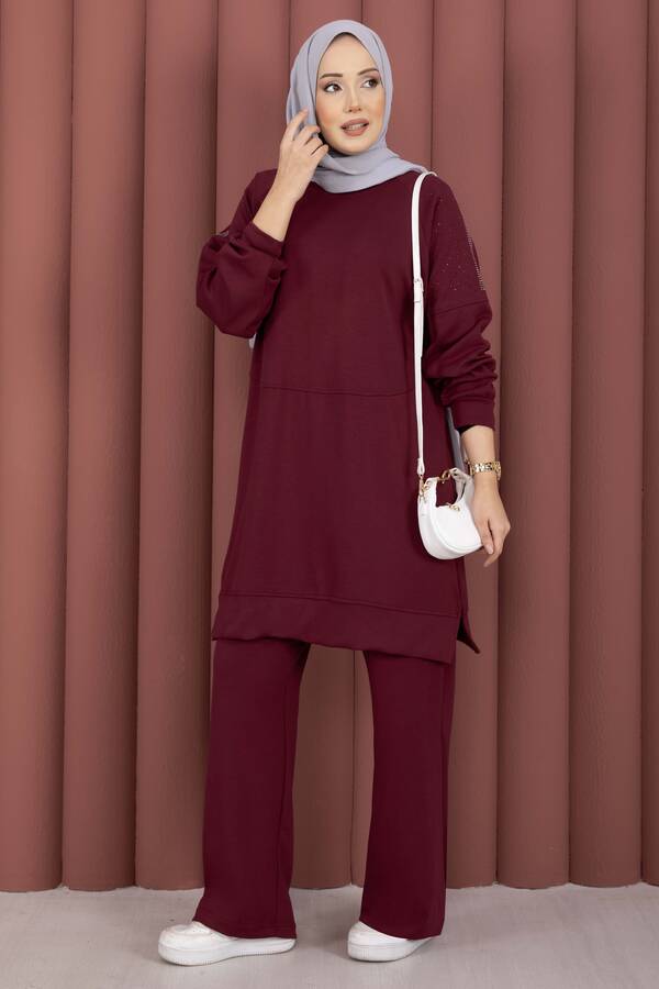 Nz - Luna Taş Detaylı Oyşo İkili Takım Bordo