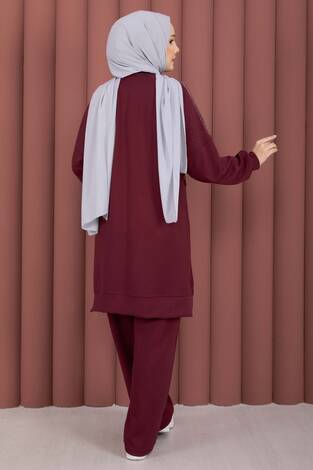 Luna Taş Detaylı Oyşo İkili Takım Bordo - Thumbnail