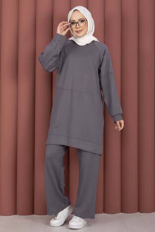 Luna Taş Detaylı Oyşo İkili Takım Gri - Thumbnail