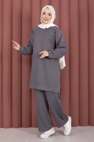 Luna Taş Detaylı Oyşo İkili Takım Gri - Thumbnail