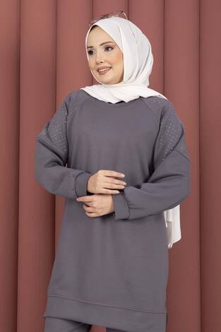 Luna Taş Detaylı Oyşo İkili Takım Gri - Thumbnail