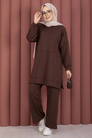 Luna Taş Detaylı Oyşo İkili Takım Kahve - Thumbnail