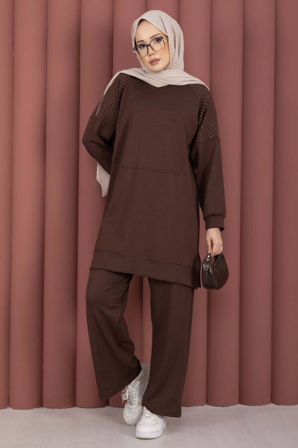 Nz - Luna Taş Detaylı Oyşo İkili Takım Kahve