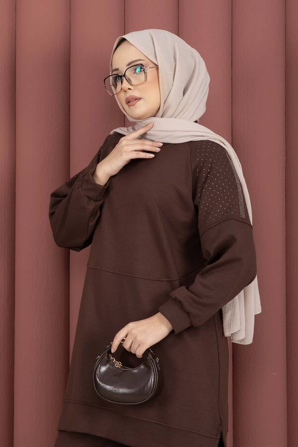 Nz - Luna Taş Detaylı Oyşo İkili Takım Kahve (1)