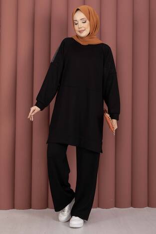 Luna Taş Detaylı Oyşo İkili Takım Siyah - Thumbnail