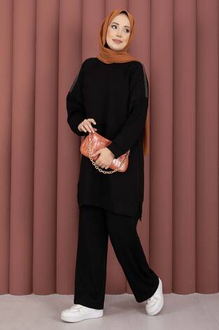 Luna Taş Detaylı Oyşo İkili Takım Siyah - Thumbnail