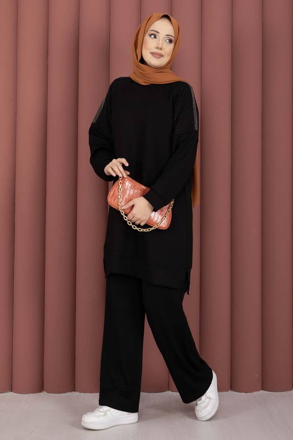 Nz - Luna Taş Detaylı Oyşo İkili Takım Siyah