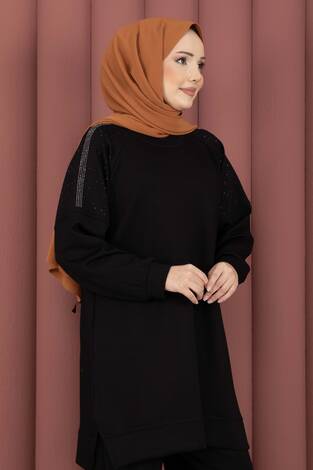 Luna Taş Detaylı Oyşo İkili Takım Siyah - Thumbnail