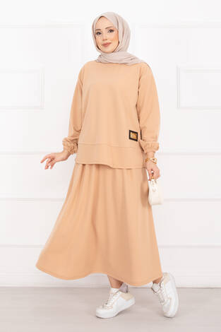 Luvia Gold Armalı Etekli Tesettür Takım Camel