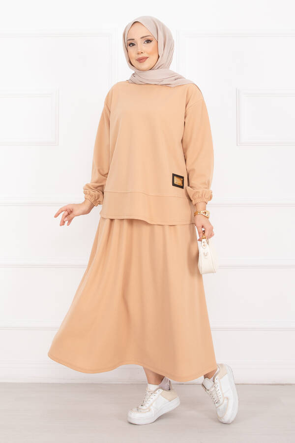 Nz - Luvia Gold Armalı Etekli Tesettür Takım Camel