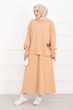 Luvia Gold Armalı Etekli Tesettür Takım Camel - Thumbnail