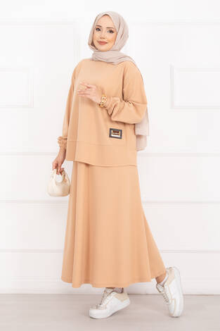 Luvia Gold Armalı Etekli Tesettür Takım Camel - Thumbnail
