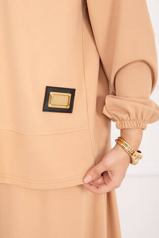 Luvia Gold Armalı Etekli Tesettür Takım Camel - Thumbnail