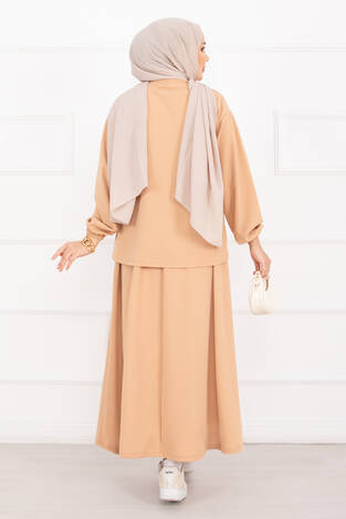 Luvia Gold Armalı Etekli Tesettür Takım Camel - Thumbnail
