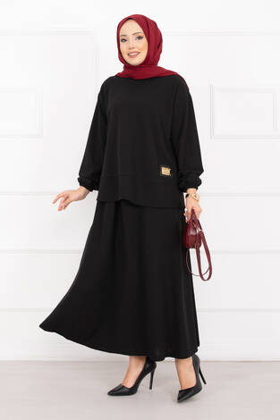 Luvia Gold Armalı Etekli Tesettür Takım Siyah - Thumbnail