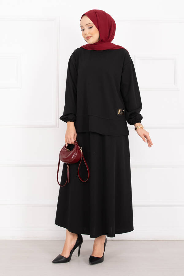 Nz - Luvia Gold Armalı Etekli Tesettür Takım Siyah