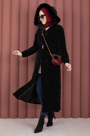 Luxe Kemerli Kürk Kapüşonlu Nova Kaban Siyah